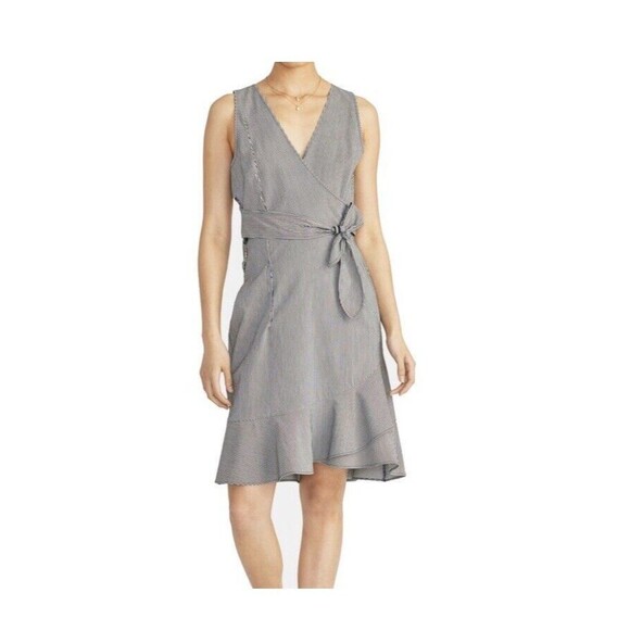 Rachel Roy Dress Navy Blue Striped Faux-Wrap  Size 12 Ruffle Waist Tie Sleeveles - Picture 1 of 9